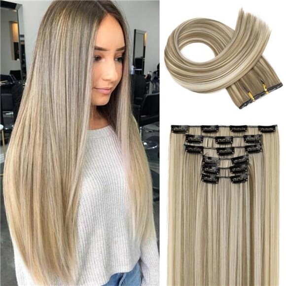 6PC Clip in Hair Extensions Ash Blonde x Brown